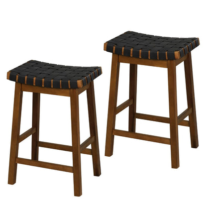 GiantexUK Saddle Stools Set of 2/4, PU Leather Woven Kitchen Counter Height Stools with Curved Seat & Rubber Wood Footrests (44 x 35 x 65cm)