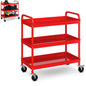 GiantexUK 3-Tier Tool Trolley, Metal Frame Utility Service Cart with 4 Wheels and Handle (3-Tier, 2 U-handles, Red)