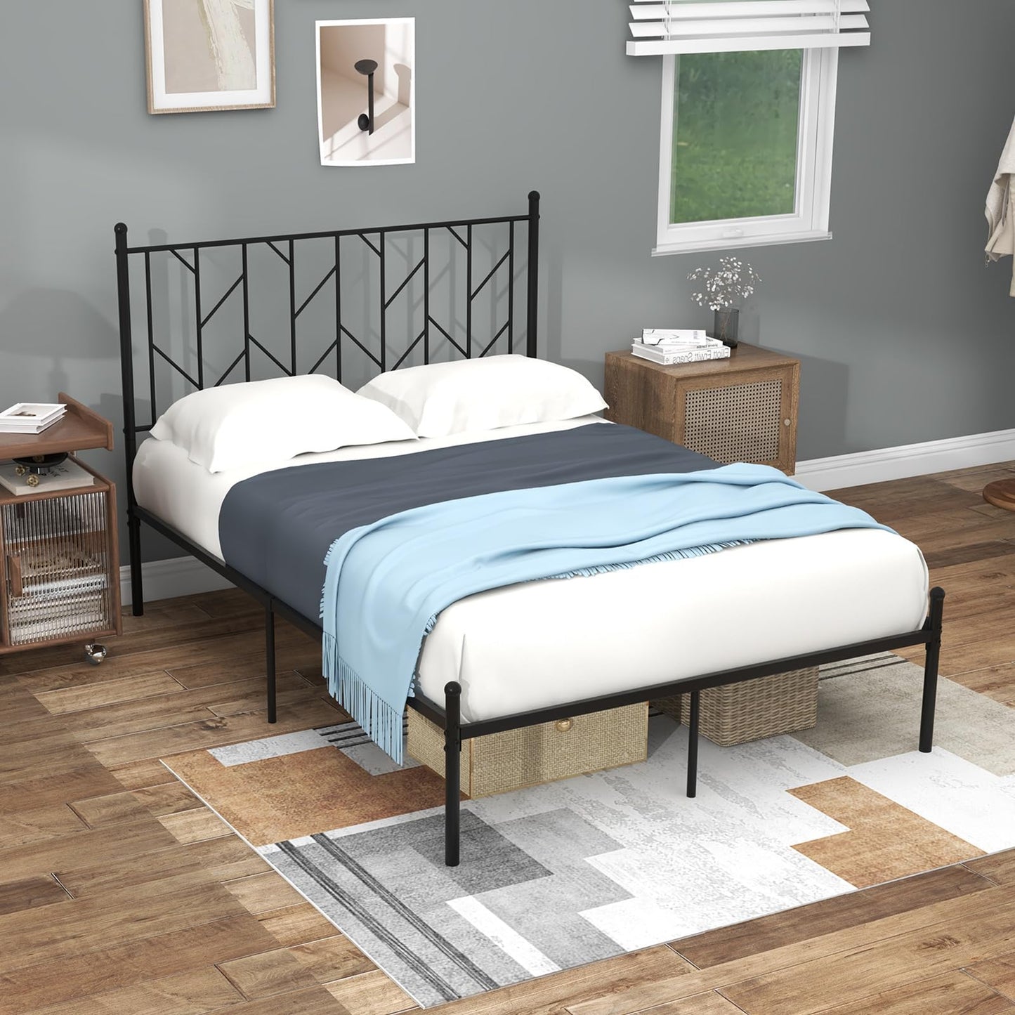 3FT/4FT6 Platform Bed Frame, Single/Double Slatted Mattress Foundation with Under Bed Storage