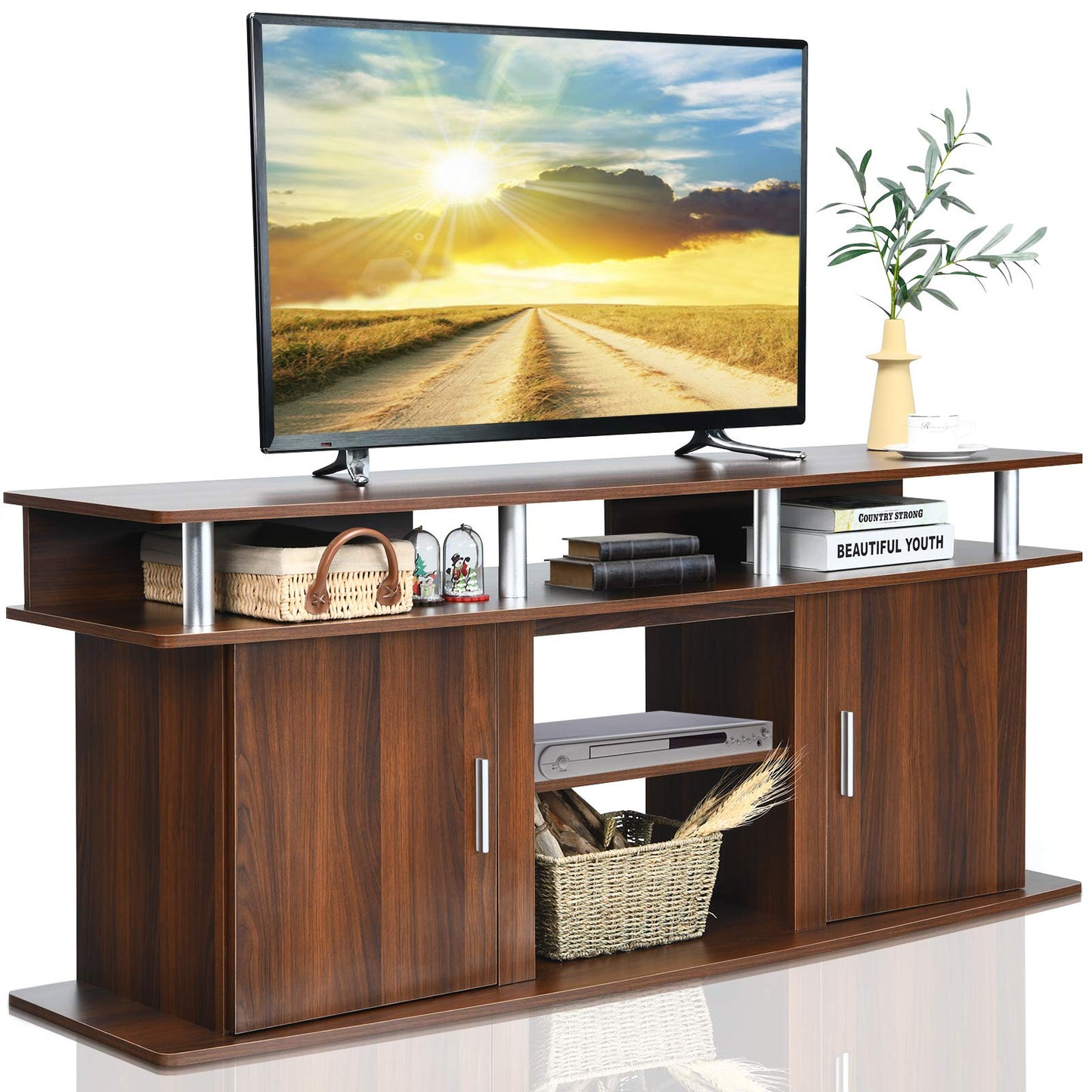 TV Stand for TVs up to 70 Inches, Wooden TV Cabinet Media Entertainment Center with 2 Doors and Open Shelves (Cherry)