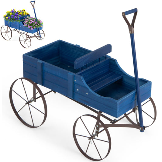 GiantexUK Wooden Wagon Garden Planter, Flower Cart with Long Handle and Flexible Wheels