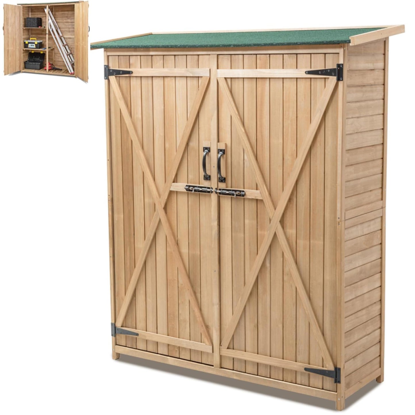 GiantexUK Wooden Garden Shed, Tool Storage Cabinet with 3 Shelves, Asphalt Sloped Roof