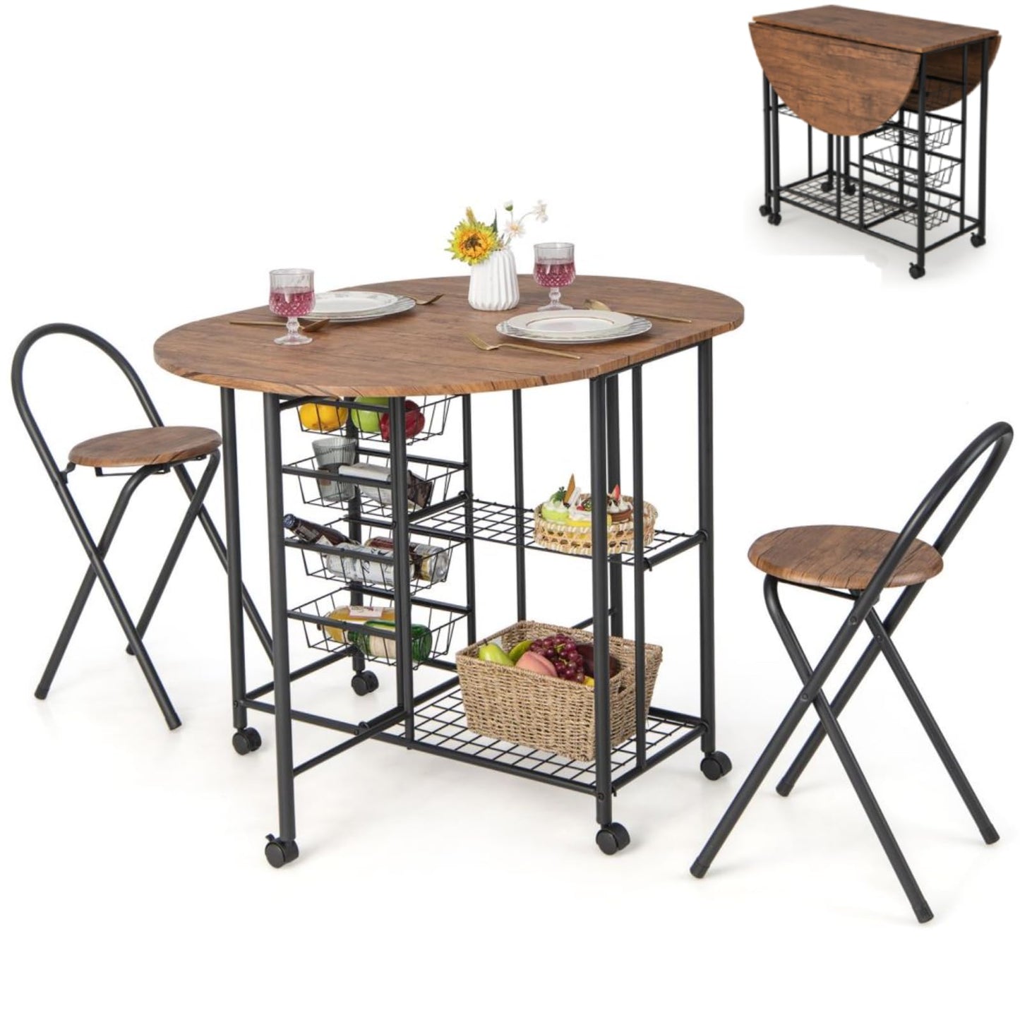 GiantexUK 3-Piece Folding Dining Room Set, Metal Frame Wooden Top Drop Leaf Bar Table Set with Wheels