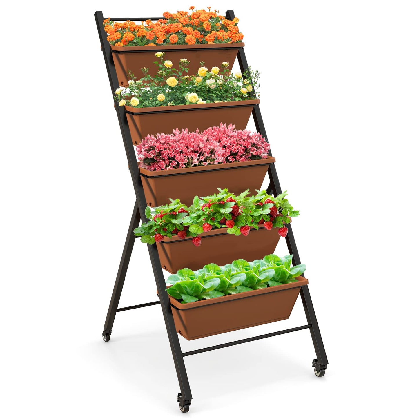 GiantexUK Raised Garden Bed, 5 Tier Vertical Ladder Planter with 5 Removable Trays, Wheels & Drain Holes (with Wheels, Brown, 57 x 74 x 127cm)