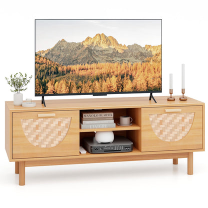 TV Stand for TVs up to 55 Inches, Wooden TV Cabinet Media Entertainment Center with 2 Bamboo Woven Drawers and Storage Shelves