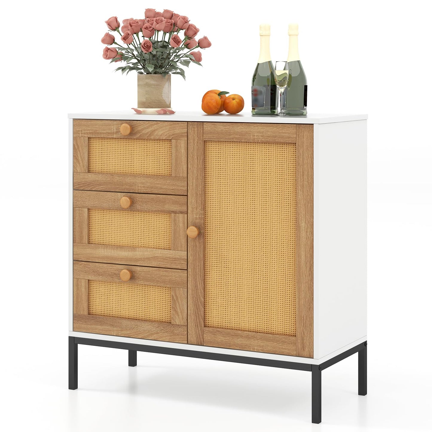 GiantexUK Rattan Kitchen Sideboard, Wooden Freestanding Cupboard with 3 Drawers, Door Cabinet & Metal Legs