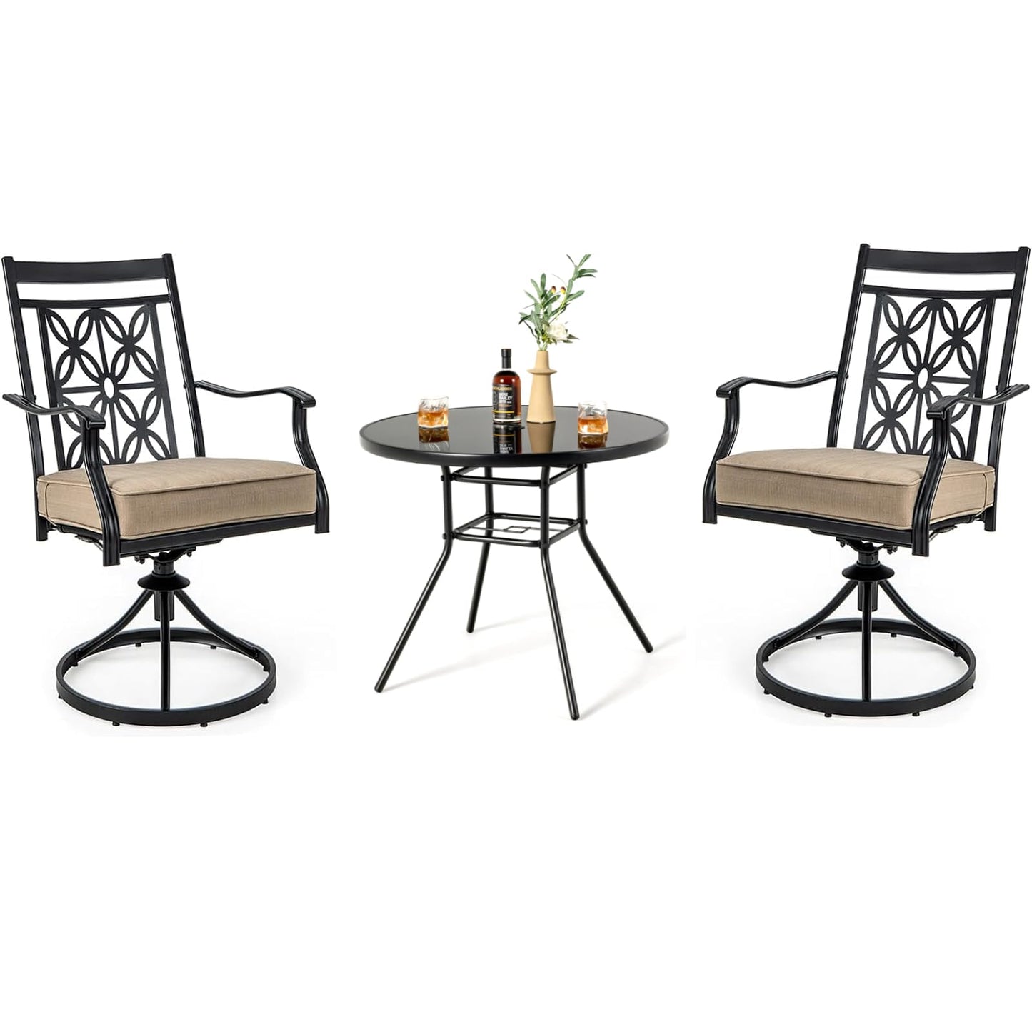 GiantexUK 3 Piece Patio Bistro Set, Cast Aluminum Table and Chairs with Round Coffee Table and 2 Armchairs