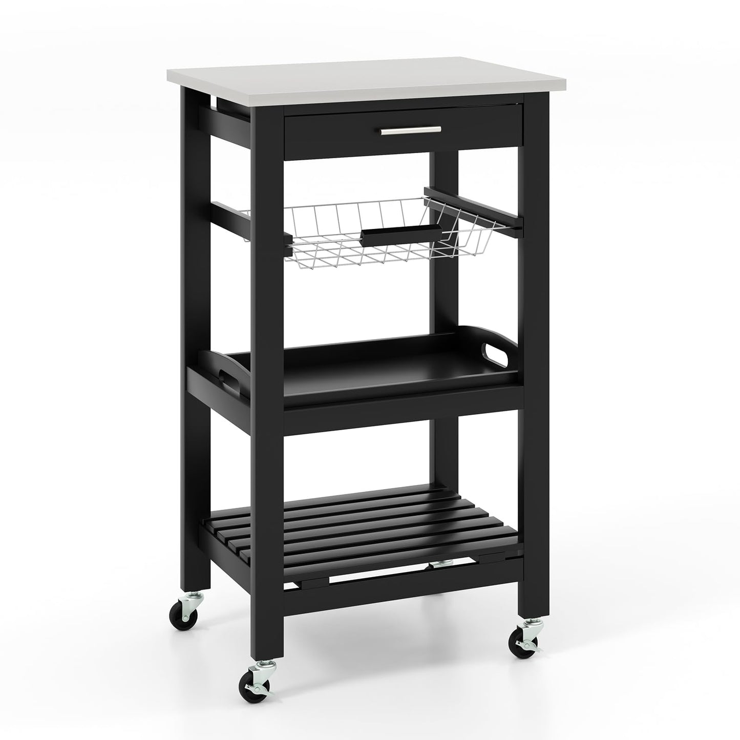 GiantexUK 4-Tier Kitchen Storage Trolley on Wheels, Rolling Storage Cart with Stainless Tabletop