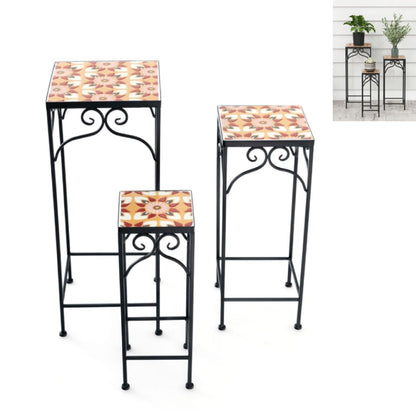 GiantexUK Set of 3 Metal Plant Stand, Freestanding Mosaic Flower Pot Holder with Scrollwork Patterns & Anti-slip Foot Pads