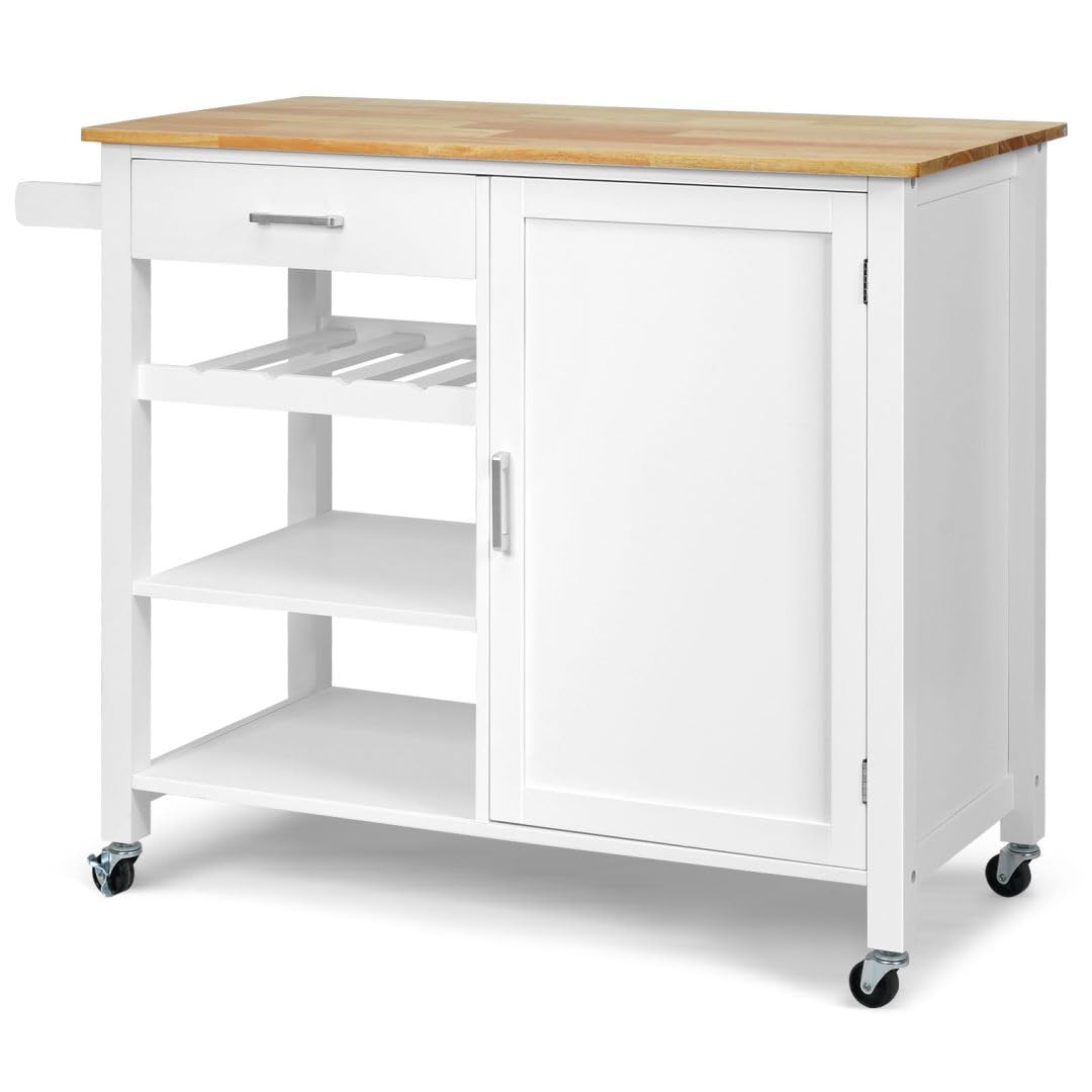 GiantexUK Kitchen Island Cart on Wheels, Mobile Storage Trolley with Oak Wood Countertop