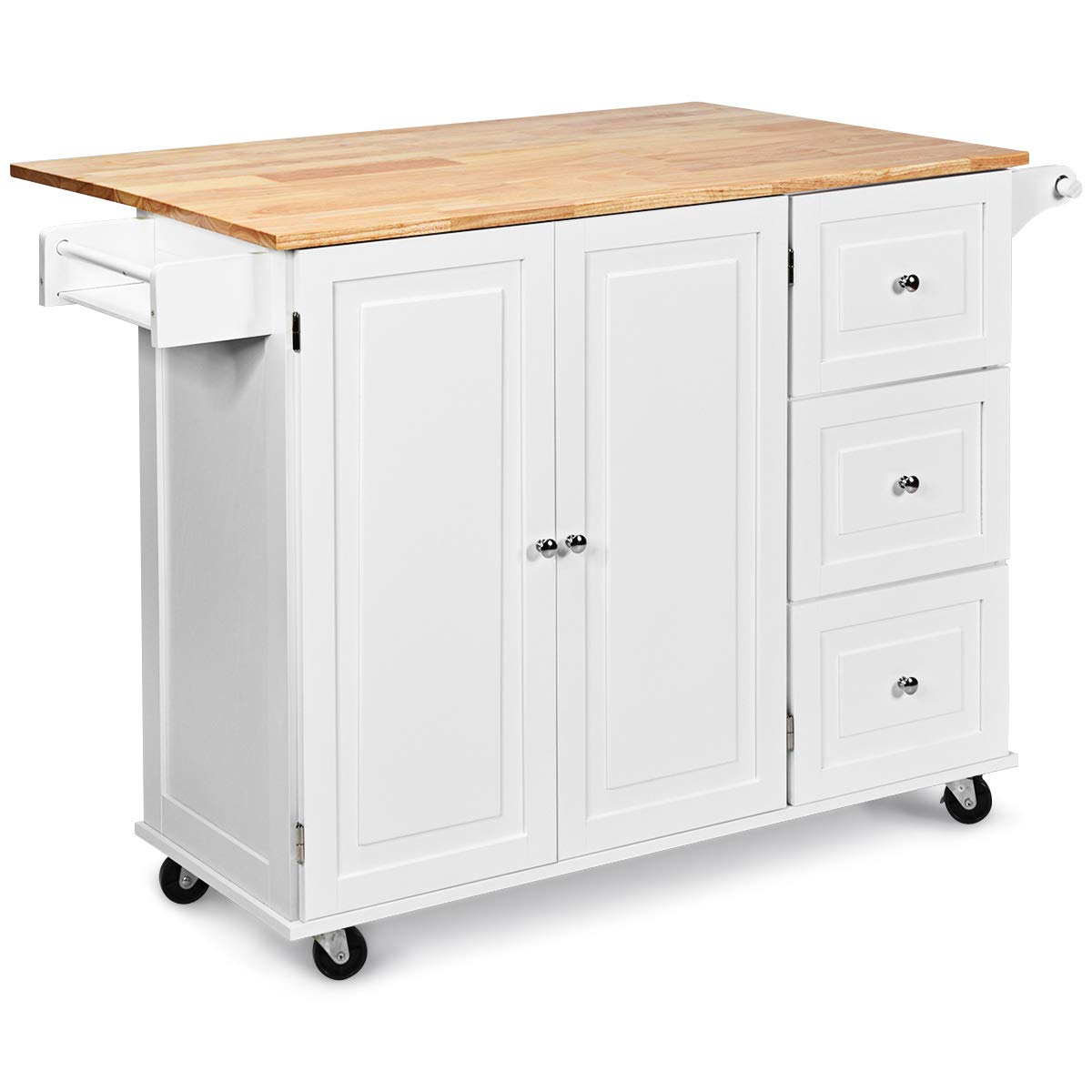 GiantexUK Large Kitchen Island, Extendable Rolling Storage Trolley with 3 Drawers and Adjustable Shelves