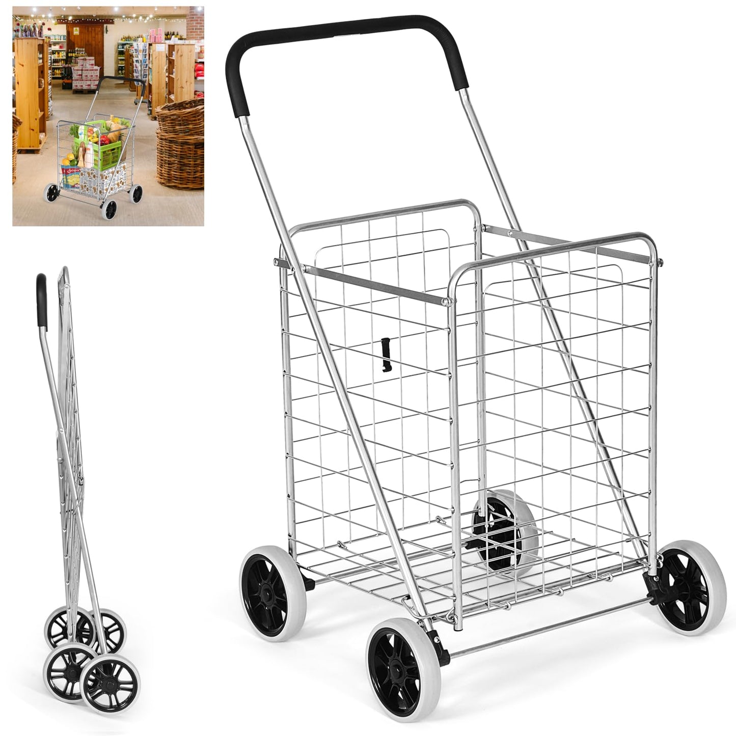 GiantexUK Shopping Cart on Wheels, Folding Metal Grocery Trolley with Foam-wrapped Handle