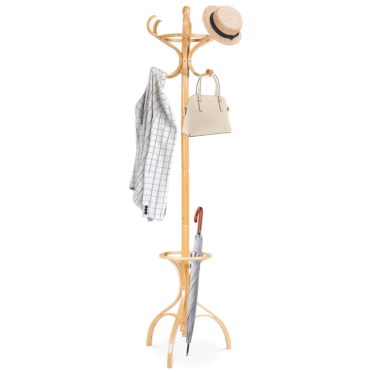 GiantexUK Rotating Coat Hat Rack, Wooden Freestanding Clothes Hanger with 12 Hooks