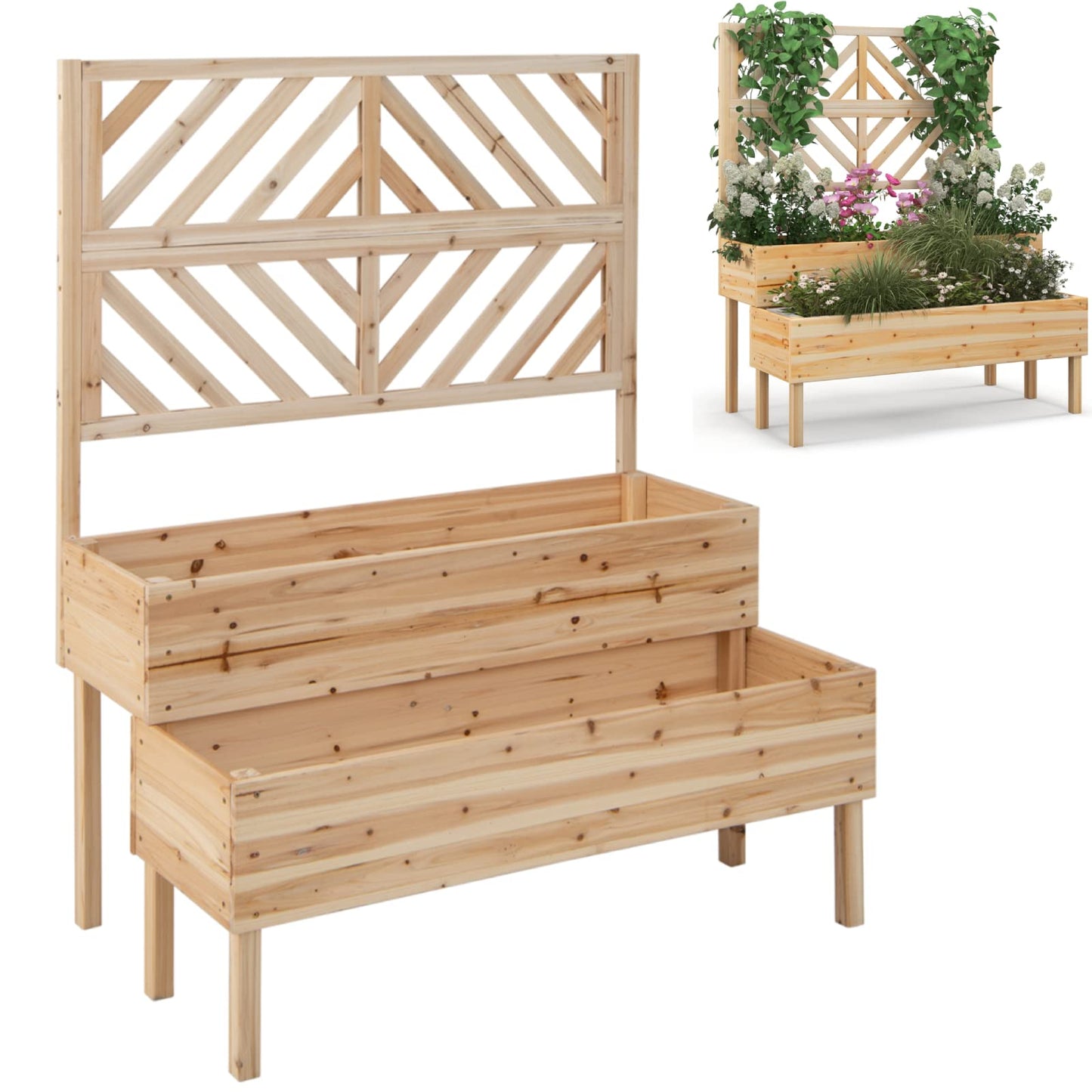 GiantexUK 2-Tier Garden Garden Bed with Trellis, Wood Garden Planter with Drainage Hole