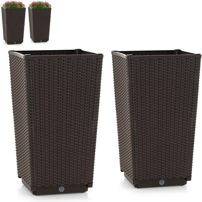 GiantexUK Rattan Planter Pots Set of 2, Square Tall Plastic Flowerpot with Self-Watering Tray & Drain Holes