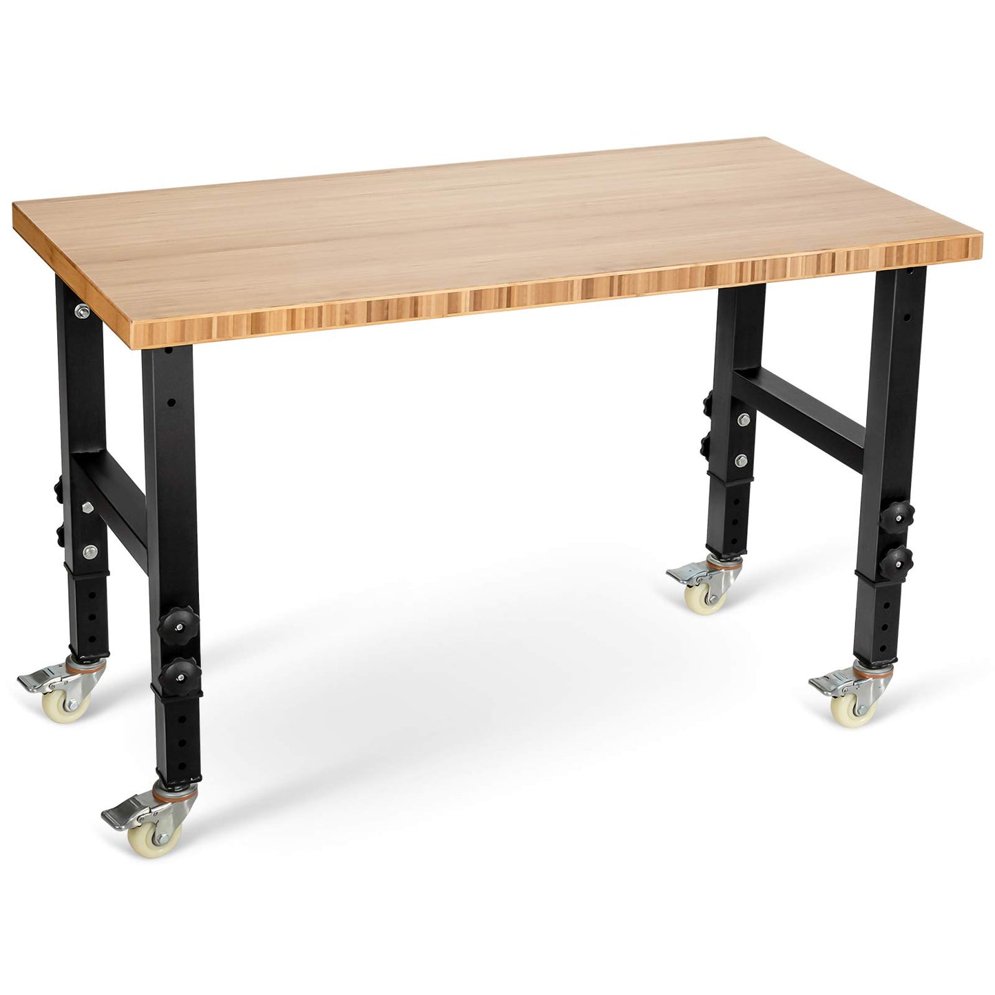 GiantexUK Adjustable Workbench, Bamboo Top Heavy-duty Work Bench with 10-level Heights and 4 Lockable Wheels