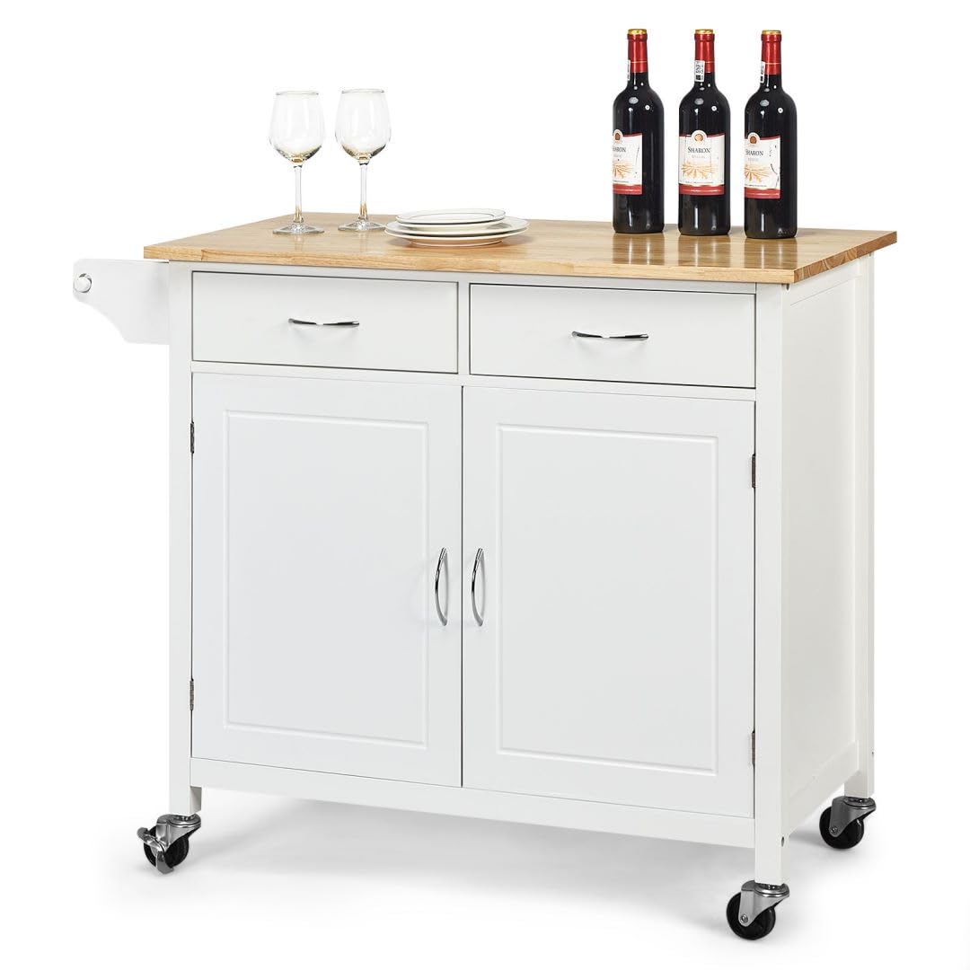 GiantexUK Kitchen Island Cart on Wheels, Mobile Storage Trolley with Rubber Wood Tabletop, Adjustable Shelf