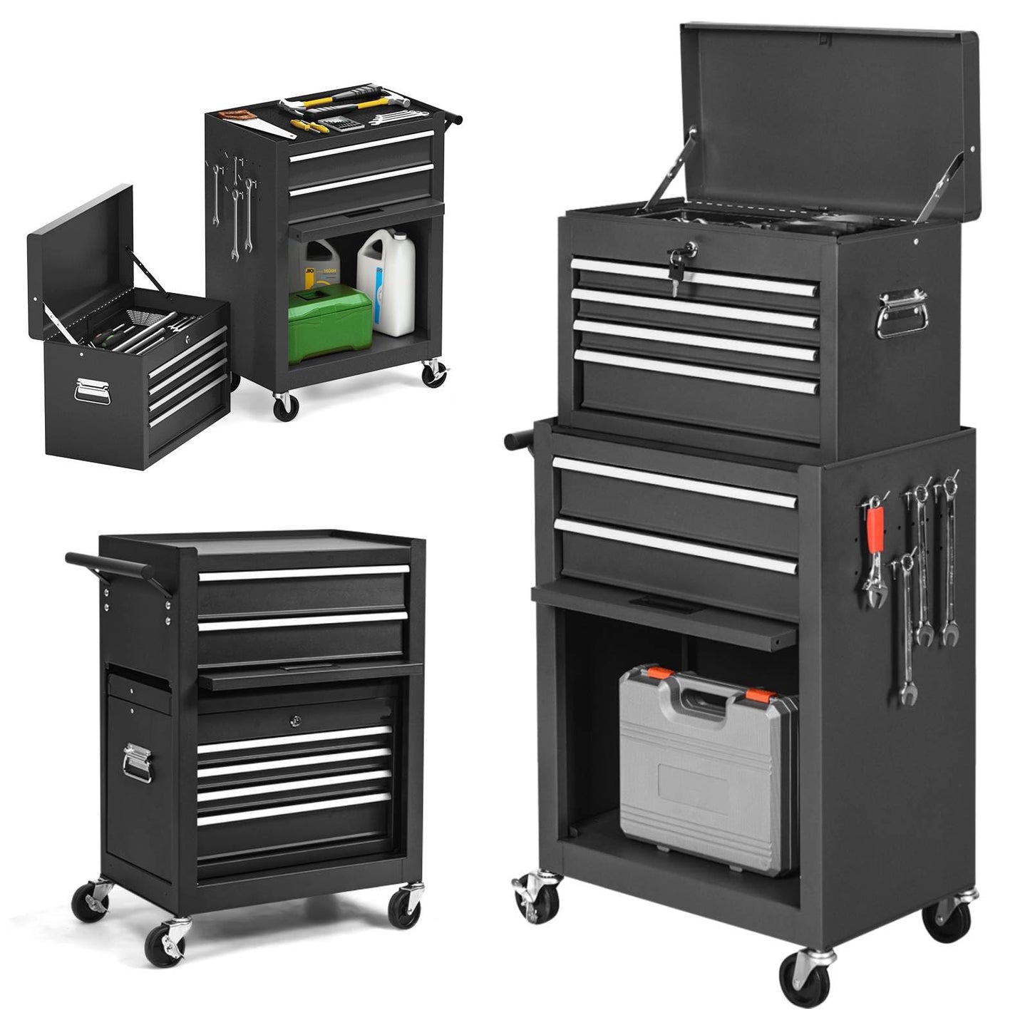 GiantexUK 2-in-1 Tool Chest on Wheels, Rolling Lockable Metal Tool Cabinet Storage Box with Detachable Top Cabinet