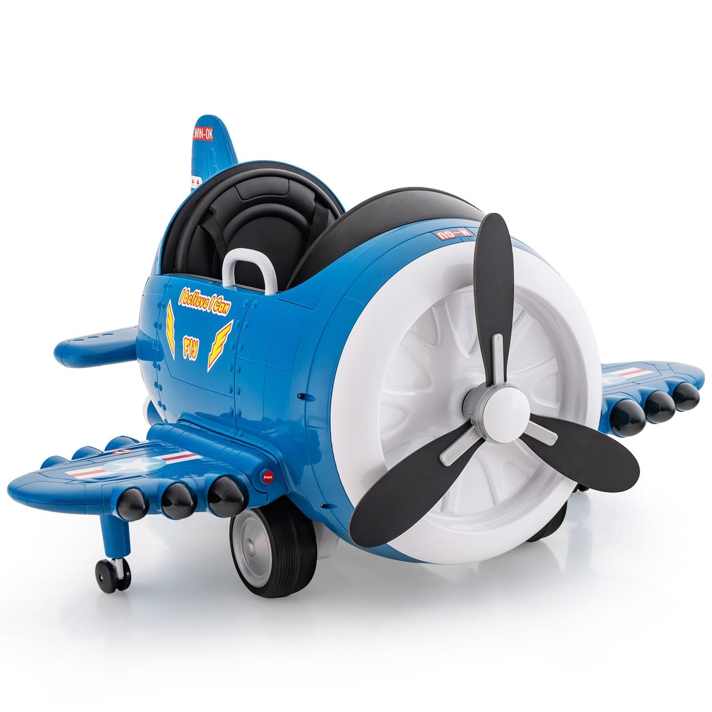 Kids Electric Ride on Car, 12V Battery Powered Airplane Toy with Joysticks, Remote Control, Folding Airfoils