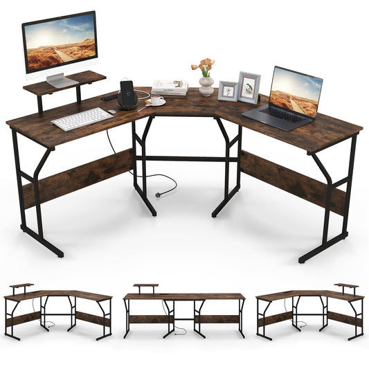 L-Shaped Computer Desk, 225cm Convertible Double Study Writing Workstation with Movable Monitor Stand