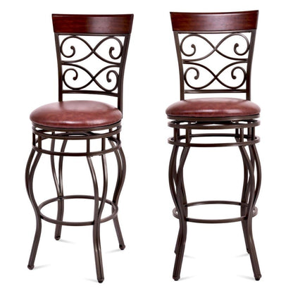 Set of 2 Retro Bar Stools, 360° Swivel PU Leather Padded Bar Chairs with Backrest & Footrest