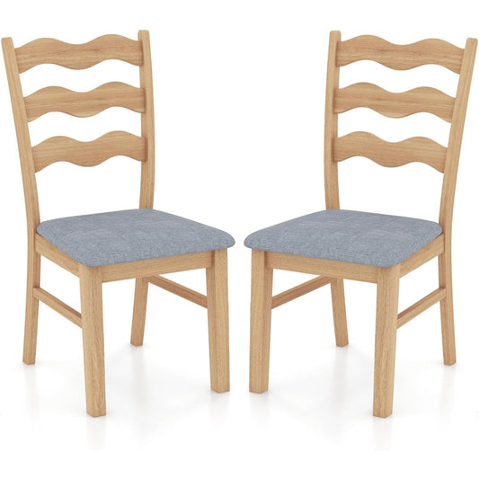 GiantexUK Dining Chairs Set of 2, Padded Rubber Wood Kitchen Counter Chairs (Wave Pattern, Natural)