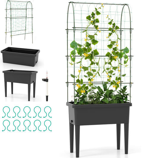 GiantexUK Raised Garden Bed with Detachable Trellis, Wooden Garden Planter Pox with Removable Legs, Self Watering & Drainage System