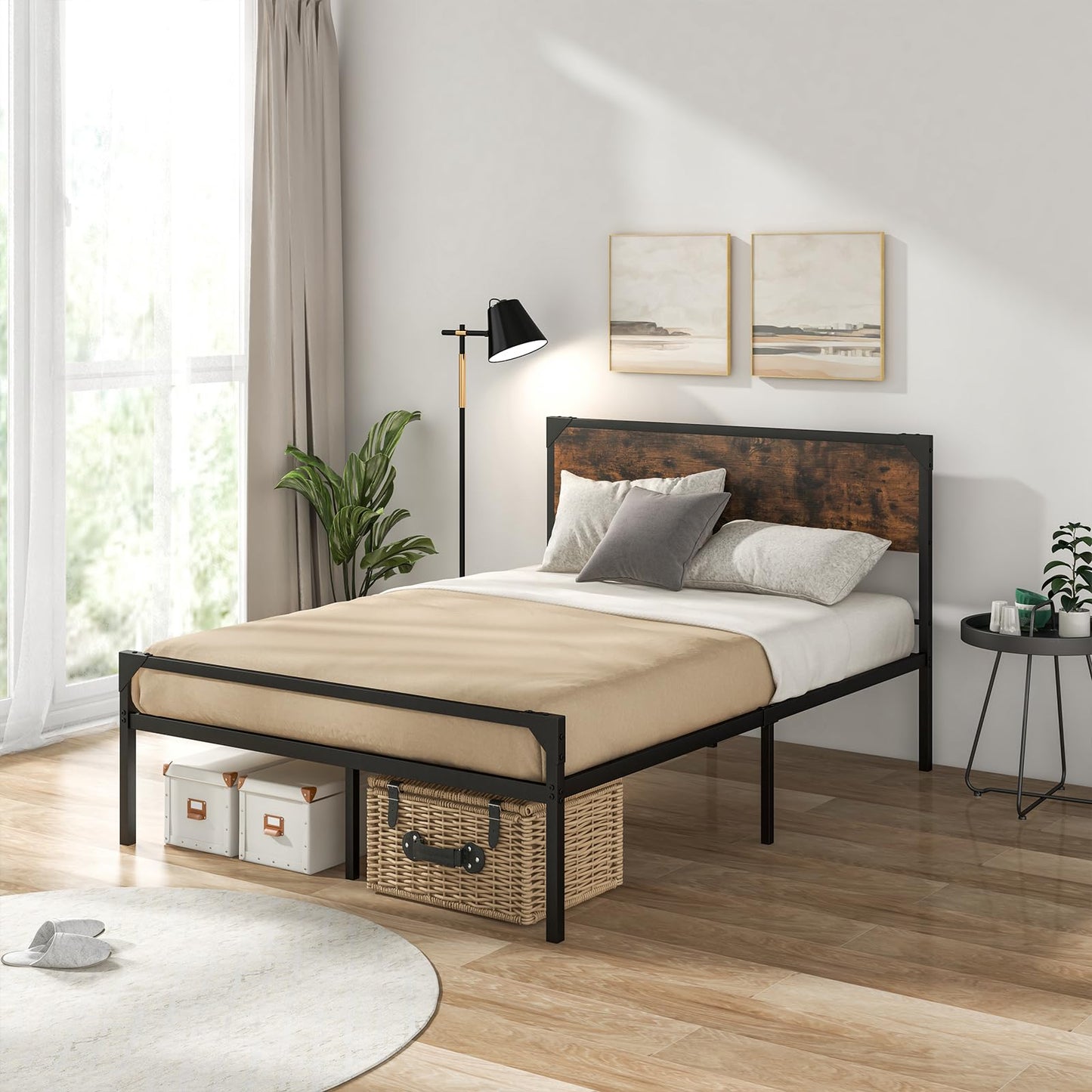 4FT6/5FT Bed Frame, 31cm Full/Queen Size Platform Bed with Rustic Headboard & Footboard