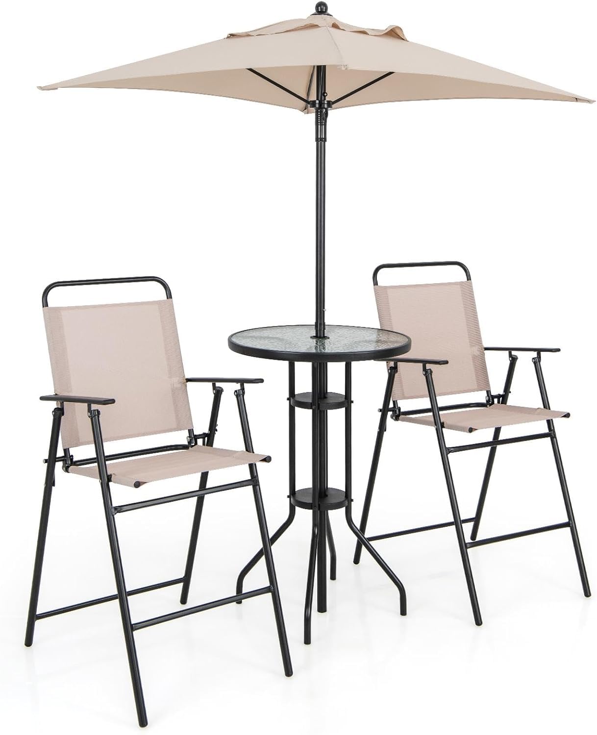 GiantexUK 4 Piece Folding Patio Bistro Set, Patio Conservatory Set with Tempered Glass Tabletop & Umbrella Hole (4PCS, With Parasol)