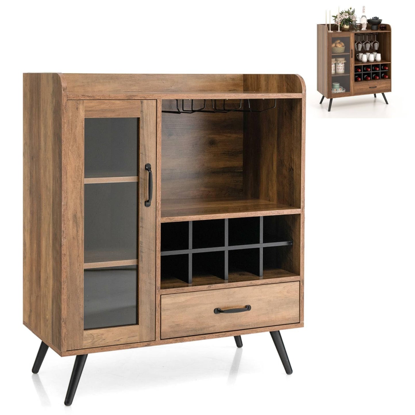 GiantexUK Wine Cabinet, Wooden Buffet Sideboard with Shelves, Removable Wine Racks, Drawer