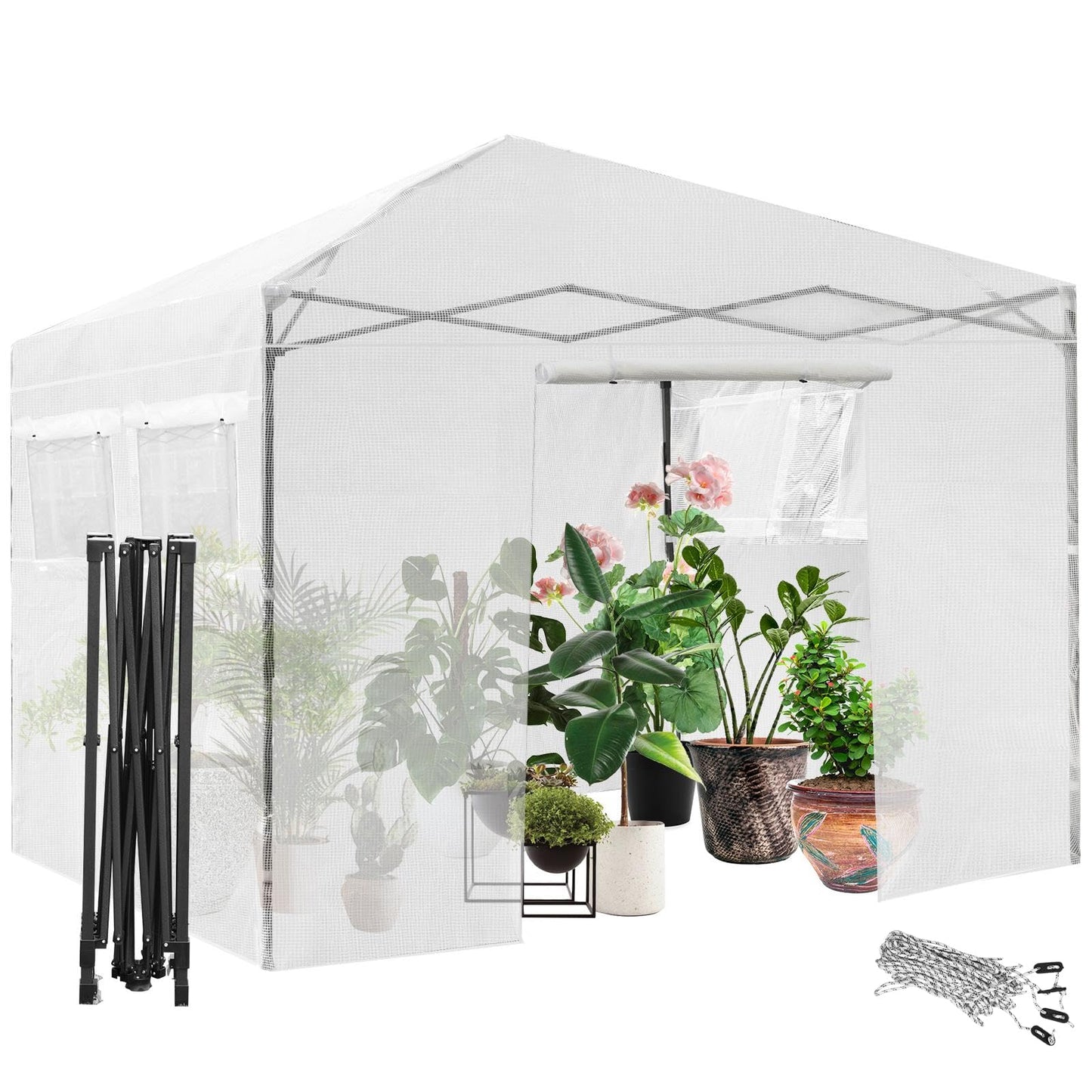 GiantexUK Walk In Greenhouse, Height Adjustable Pop-up Growhouse with PE Cover (300x300x255-275cm,4 Windows, White)