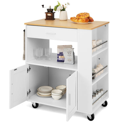 GiantexUK Kitchen Trolley on Wheels, Kitchen Storage Island with Large Drawer, 2-Door Cabinet, Open Shelf, 3 Spice Racks and Towel Rack