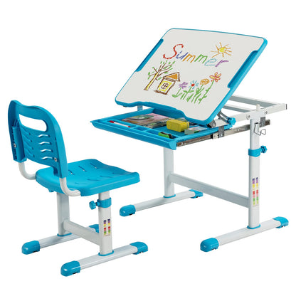 Kids Desk and Chair Set, Height Adjustable Study Table with Tilted Desktop, Drawer and Pen Slot