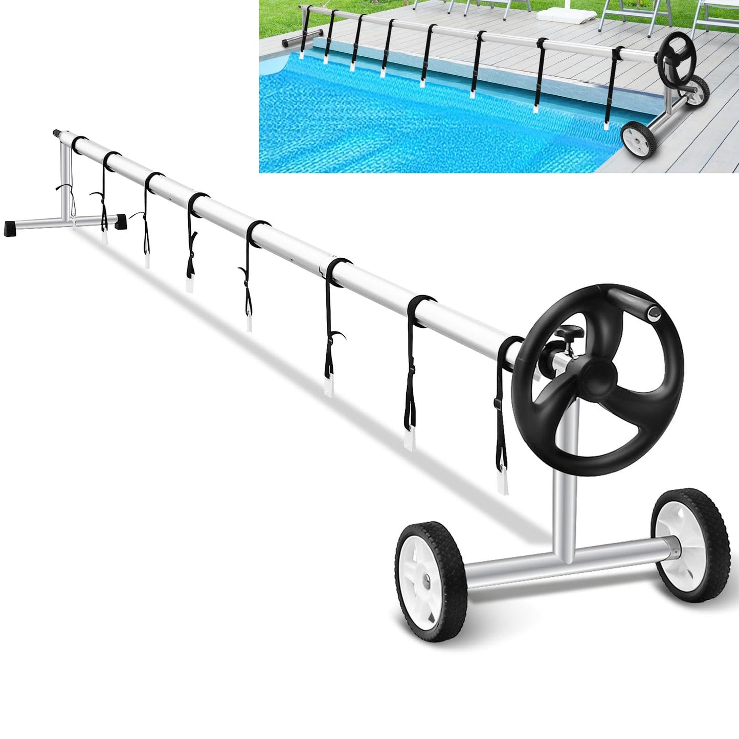 GiantexUK Pool Reel System for Pool Covers, 2.15-6.1m Adjustable Pool Cover Roller Reel Rewinder on Wheels