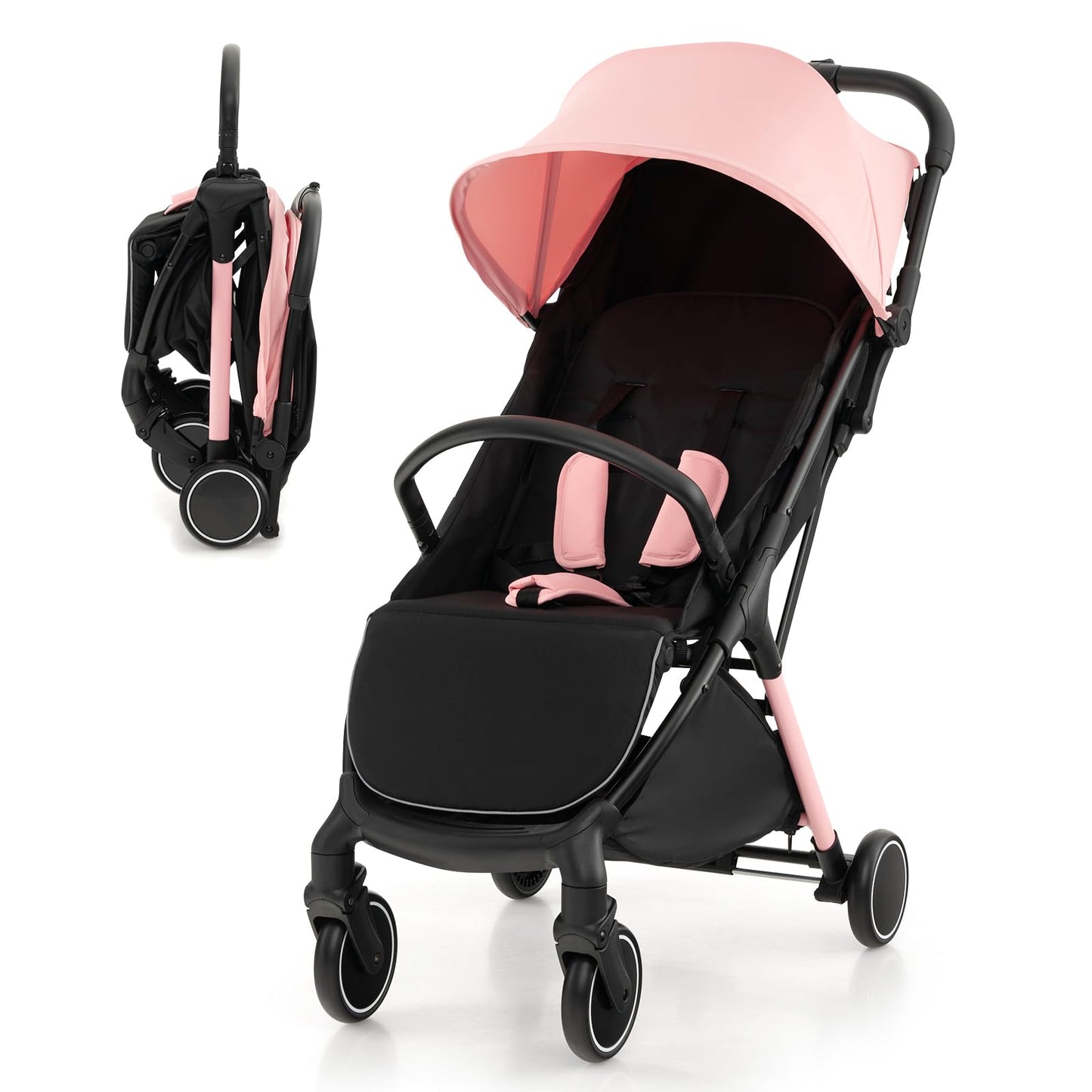 Baby Stroller, Protable Travel Buggy with Detachable Seat Cover, 5-Point Harness, Adjustable Canopy(Pink)