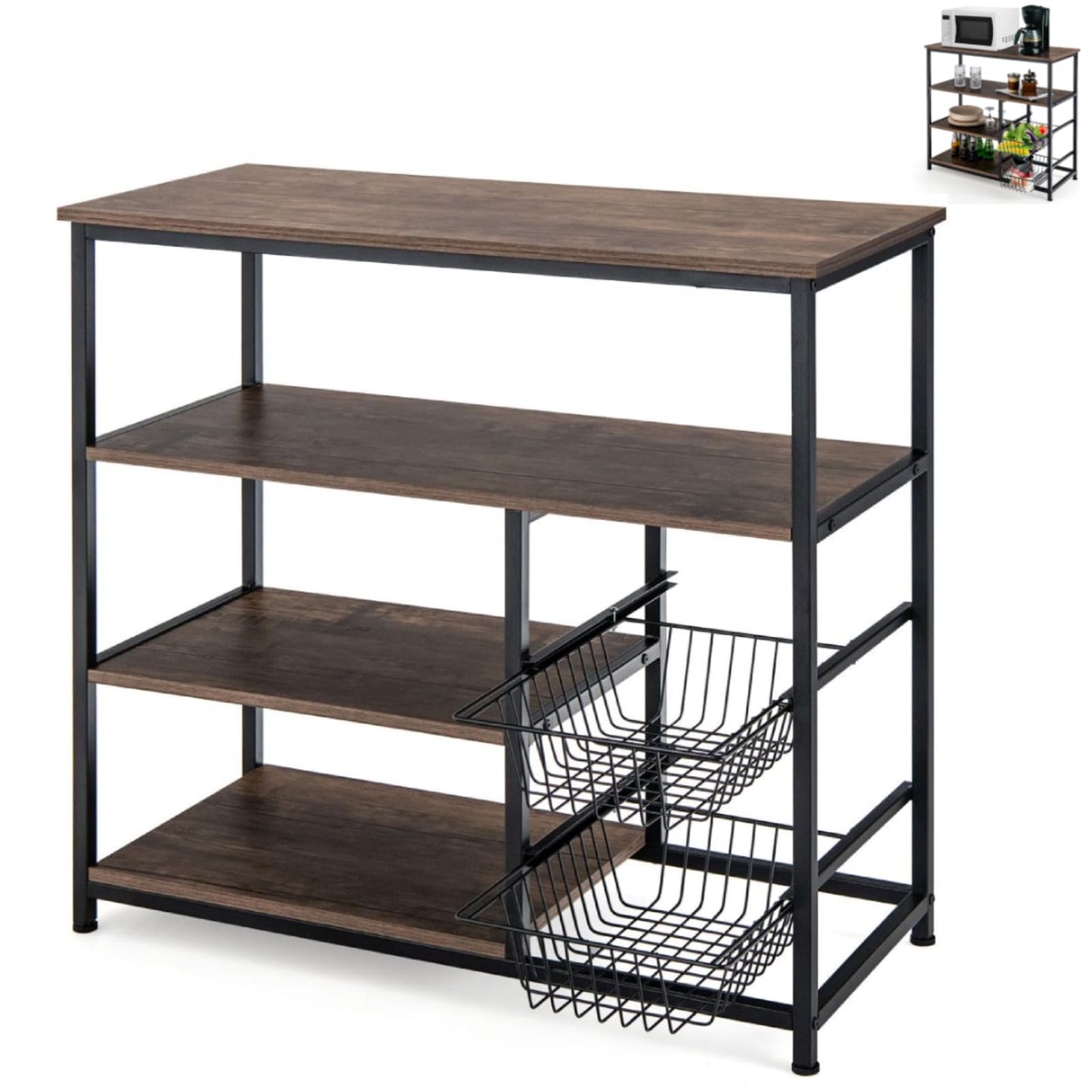 GiantexUK Kitchen Baker's Rack, Microwave Oven Stand with Mesh Baskets, Wheels & Hooks (No Wheels, No Hooks, 2 Baskets)