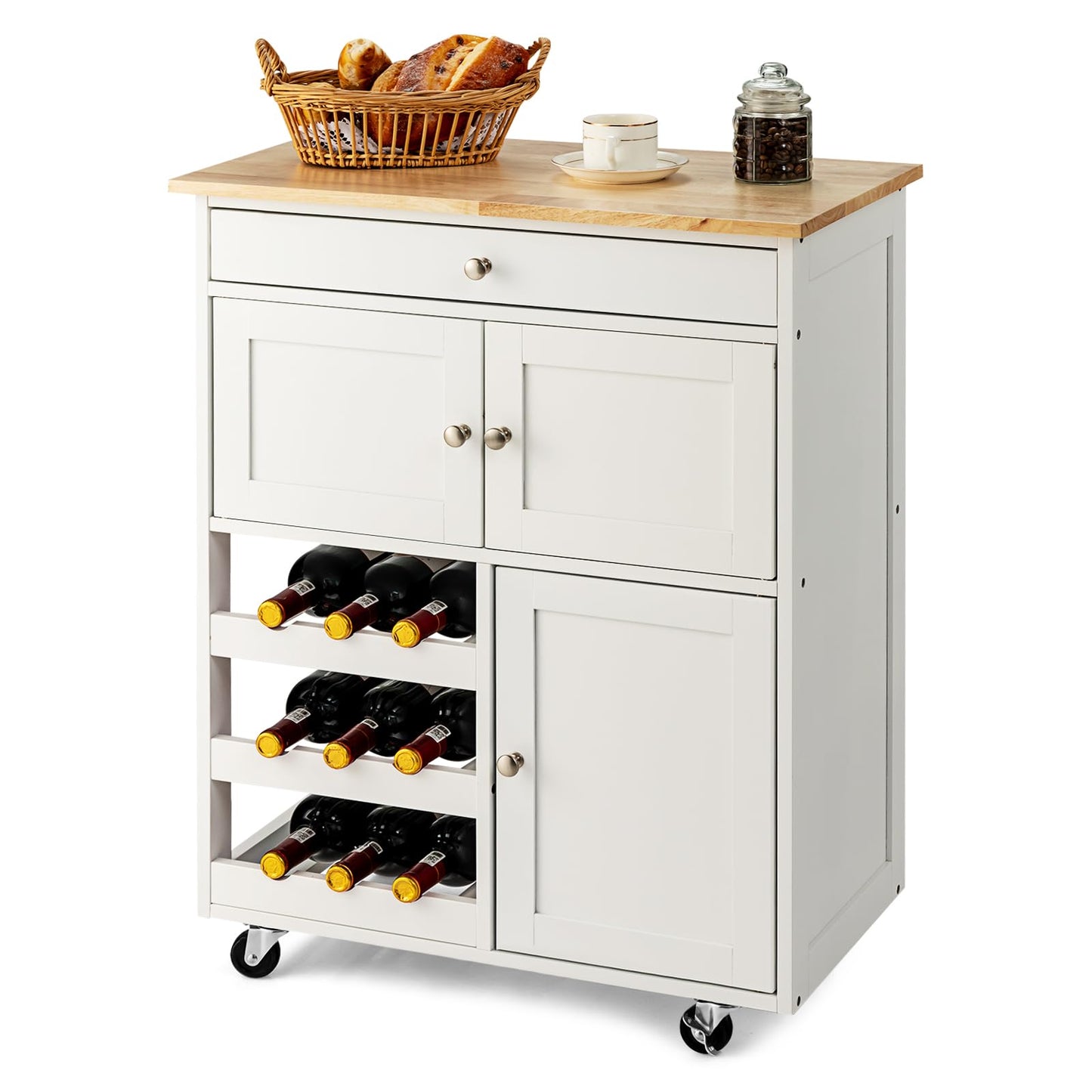 GiantexUK Kitchen Storage Trolley on Wheels, Rolling Serving Island Cart with Drawer and Wine Racks