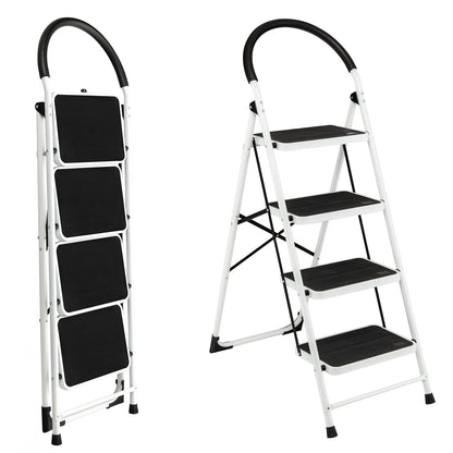 GiantexUK Folding 4 Step Ladder, Steel Stepladder with Anti-Slip Pedal & Reinforced Crossbar (4 Step, 90x46x136cm)