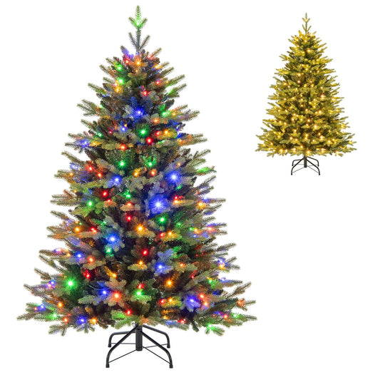 5FT Pre-Lit Artificial Christmas Tree, Hinged Xmas Tree with 250 Warm White & Multicolored LED Lights