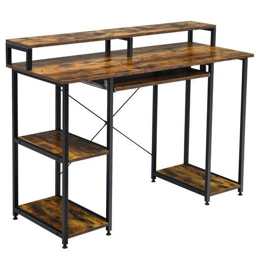 Wooden Laptop Desk, Industrial PC Table Workstation with Storage Shelves