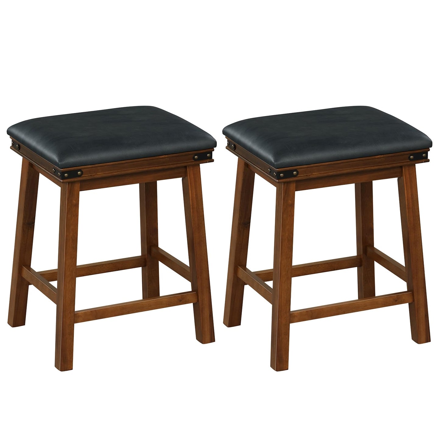 GiantexUK Bar Stools Set of 2, PU Leather Upholstered Kitchen Barstools with Acacia Wood Legs, 47x37x62cm