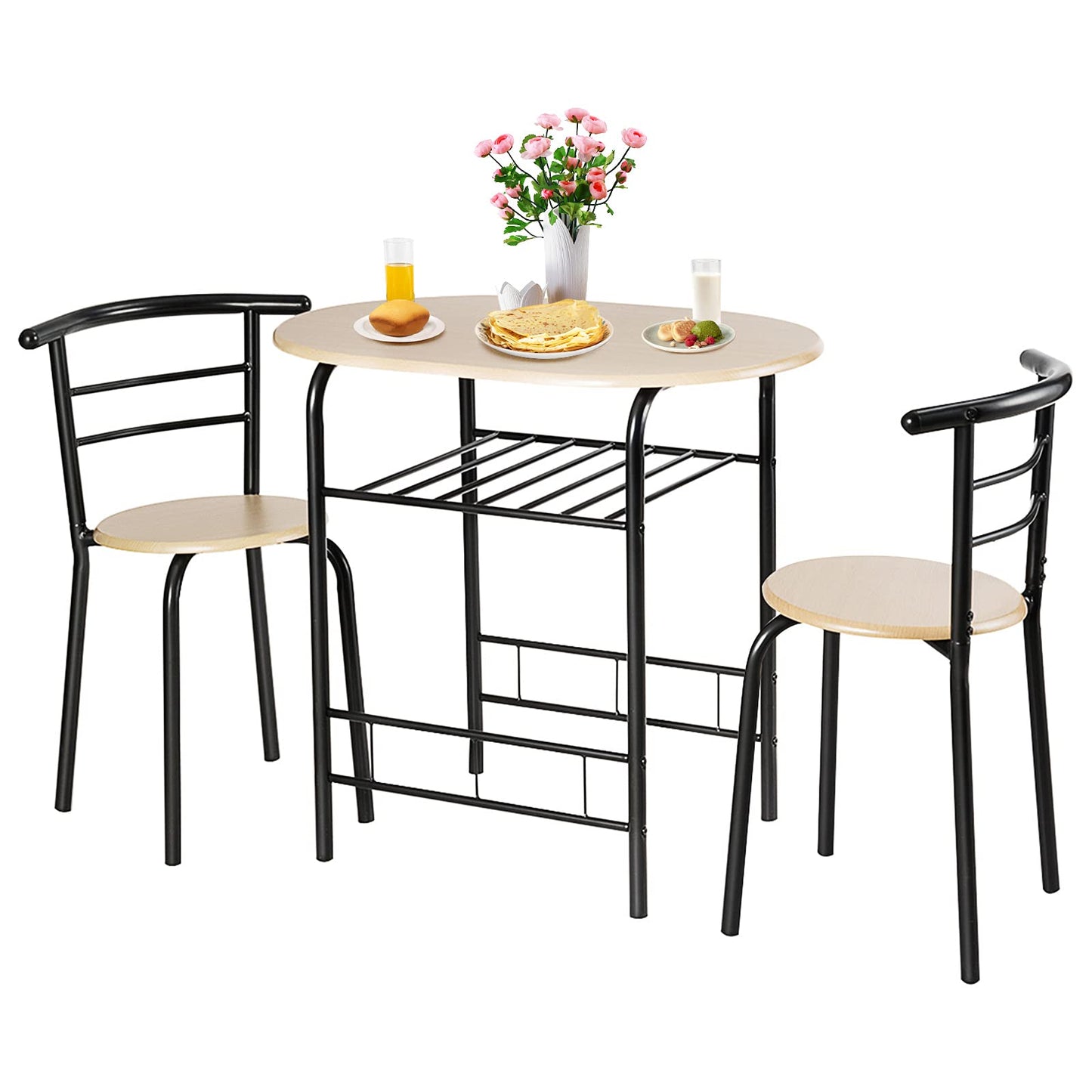 GiantexUK 3-Piece Dining Table Set, Metal Frame Kitchen Table Set with Storage Shelf, 2 Chairs