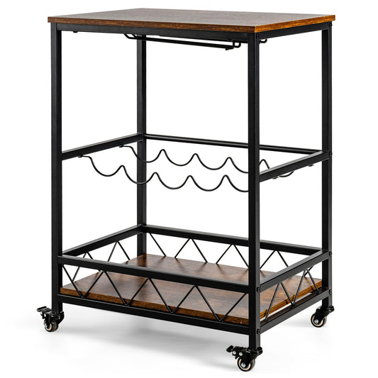 GiantexUK Kitchen Storage Trolley on Wheels, Rolling Bar Cart with 2 Glass Holders & Wine Rack