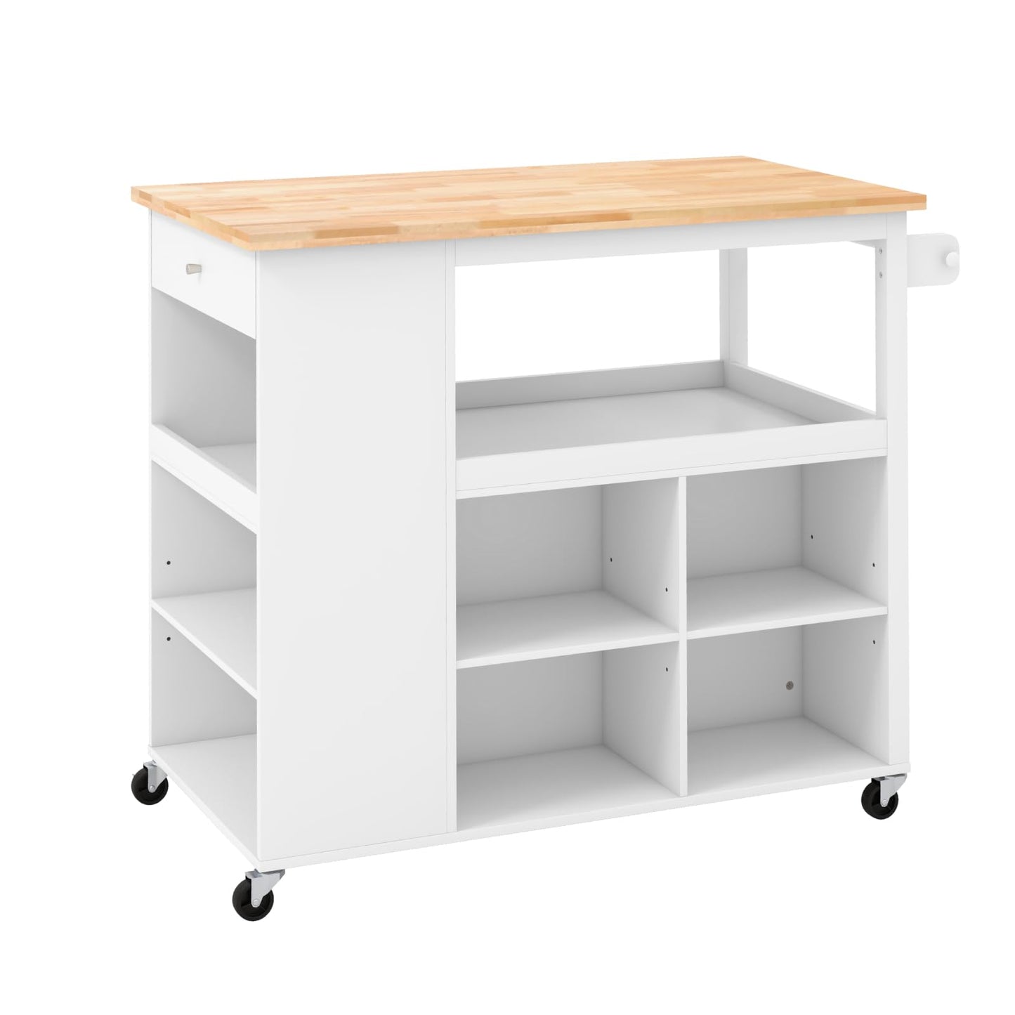 GiantexUK Kitchen Island Cart on Wheels, Mobile Storage Cabinet Cart with Rubber Wood Countertop, Drawer, Spice Racks & Towel Rack