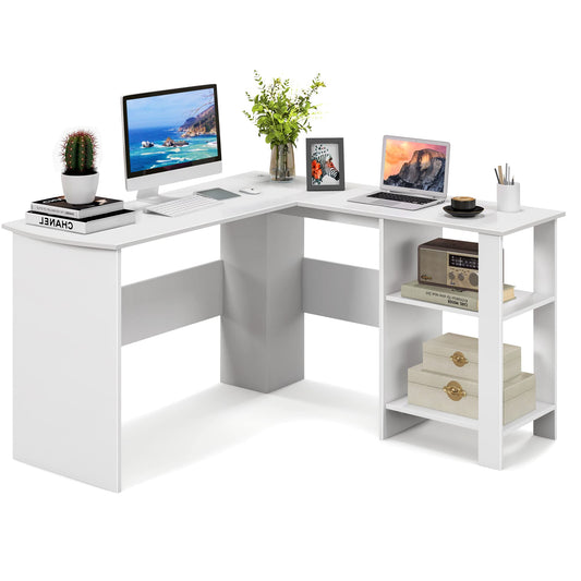 L-Shaped Computer Desk, Modern Large Corner Desk Writing Study Table with Storage Shelves and Cable Holes