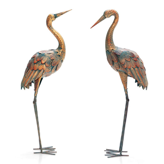 GiantexUK 2PCS Crane Garden Statue Set, Patio Freestanding Sculpture Decor with Metal Frame