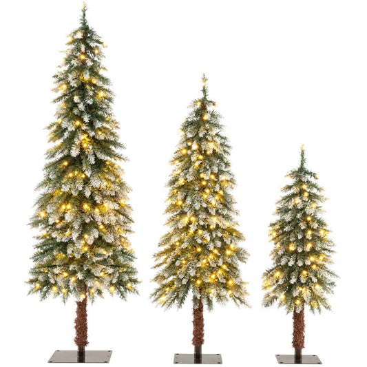 Pre-Lit Pencil Christmas Tree Set of 3, Artificial Slim Snowy Xmas Tree with 50/100/150 Warm White LED Lights & 129/231/369 PVC Branch Tips