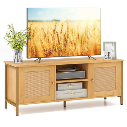 TV Stand for TVs up to 55 Inches, Wooden TV Cabinet Media Entertainment Center with 2 Rattan Effect Doors