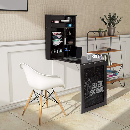 Folding Wall Mounted Drop-Leaf Table, Space Saving Floating Computer Desk with Chalkboard and Adjustable Storage Shelves