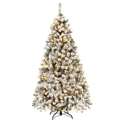 6FT Flocked Christmas Tree, Pre-Lit Artificial Decoration Tree with 600 PVC Branch Tips and 250 LED Lights